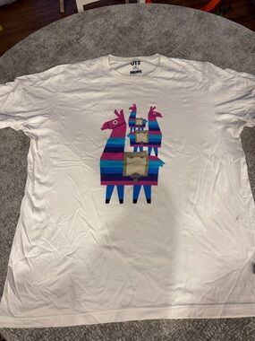 Uniqlo Kids White Tee with Pink, Blue & Purple Fortnite Llama